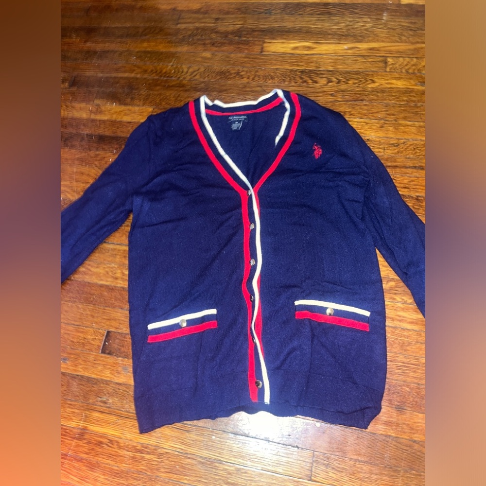 US POLO ASSN blue and red cardigan.